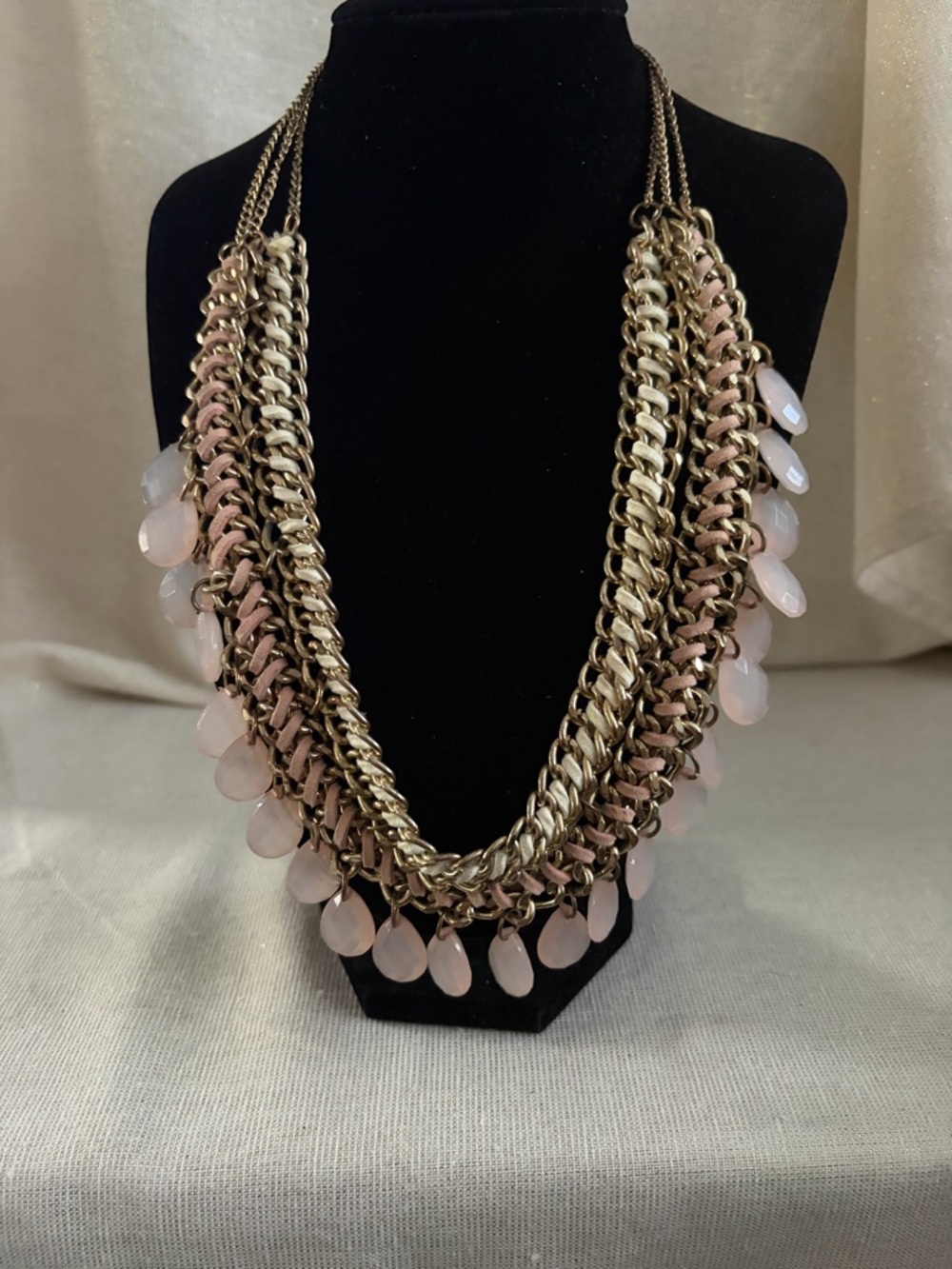 Layered Gold Chain Necklace with Pink Teardrop Accents